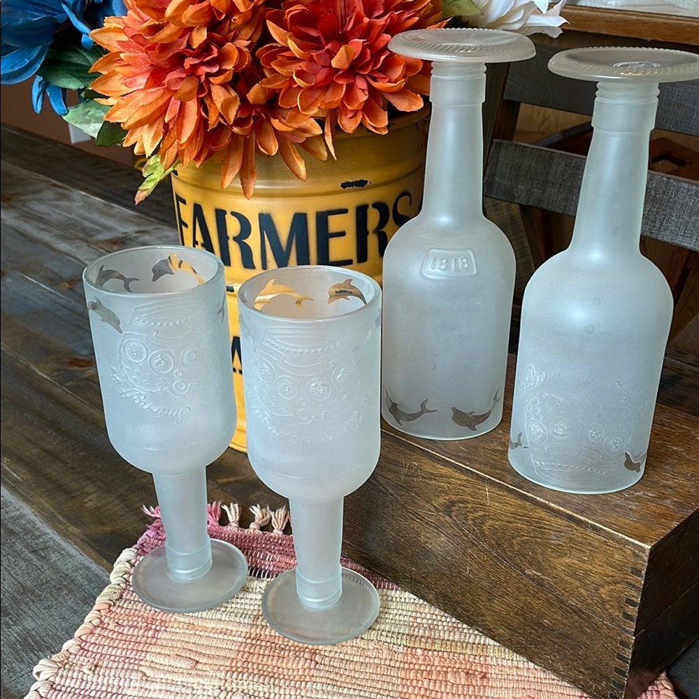 Frosted Glass Goblet Set with Dolphin Design
